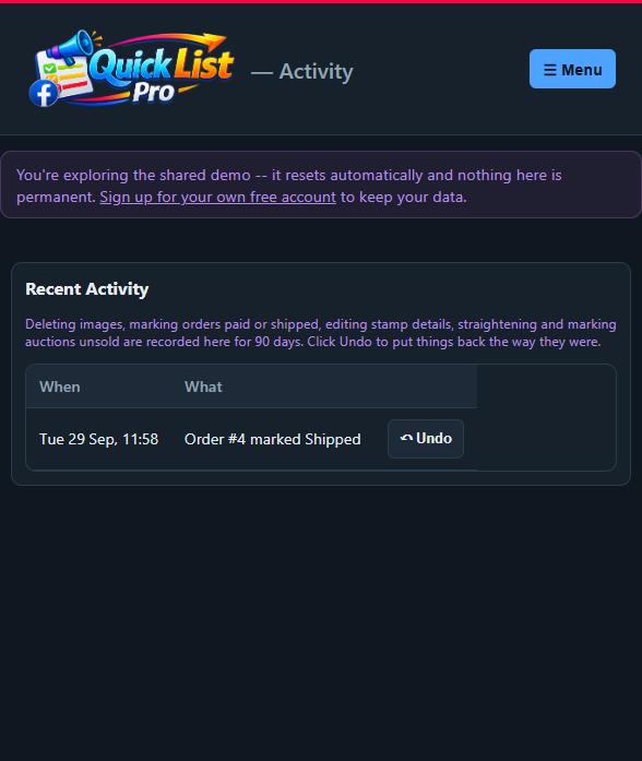 The Activity page showing a recent action -- an order marked shipped -- with an Undo button next to it