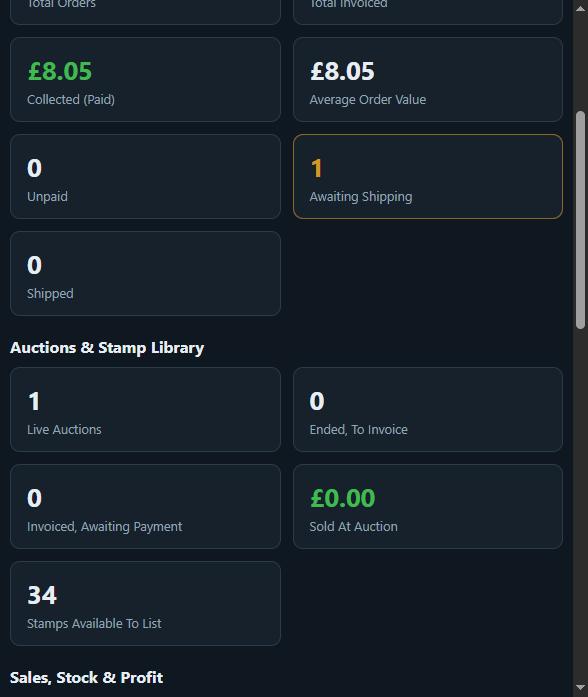 The Dashboard showing live tiles for total orders, amount invoiced and collected, orders awaiting shipping, live auctions and stamps available to list