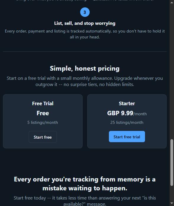 The public pricing section showing a Free Trial plan and a Starter plan at a fixed monthly price with a listing allowance